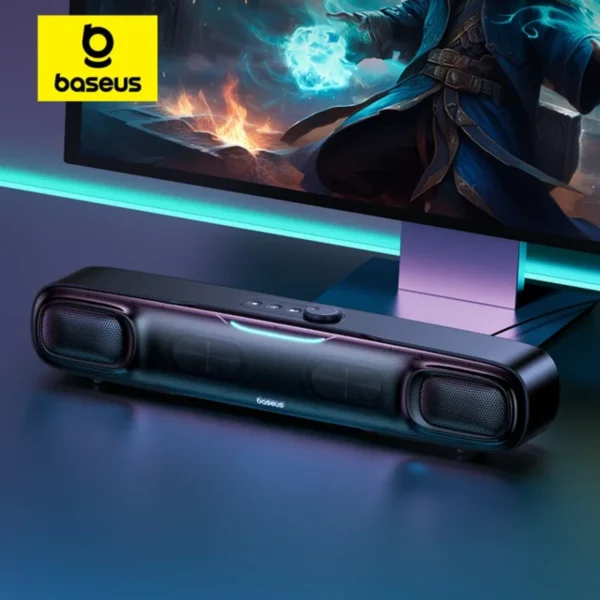 Baseus AeQur DS10 Mini Bluetooth Soundbar with RGB lights, compact design, and powerful sound for gaming and music in Bangladesh